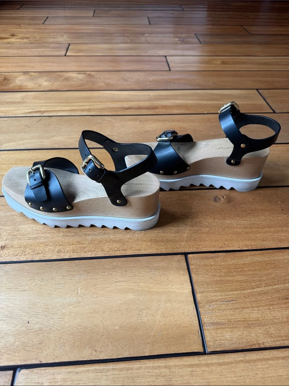 Stella McCartney Black Leather Platform Sandals with Gold Hardware